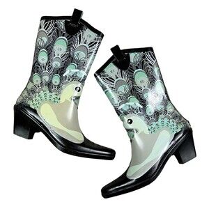 Dav Women's Western Style Waterproof Rubber Boots Rainboots Size 7 Peacock Print